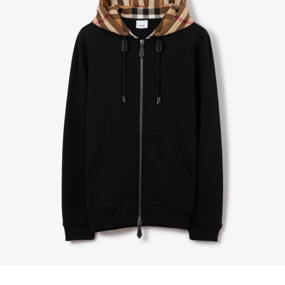 Burberry Black Zip-Up Sweater with Checkered Hood